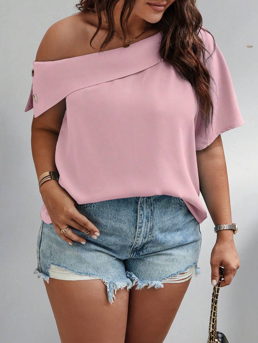 SHEIN Unity Blusa con cuello asimétrico, manga tipo murciélago y hombro descubierto, en talla grande y unicolor - Rosa - Ver 1