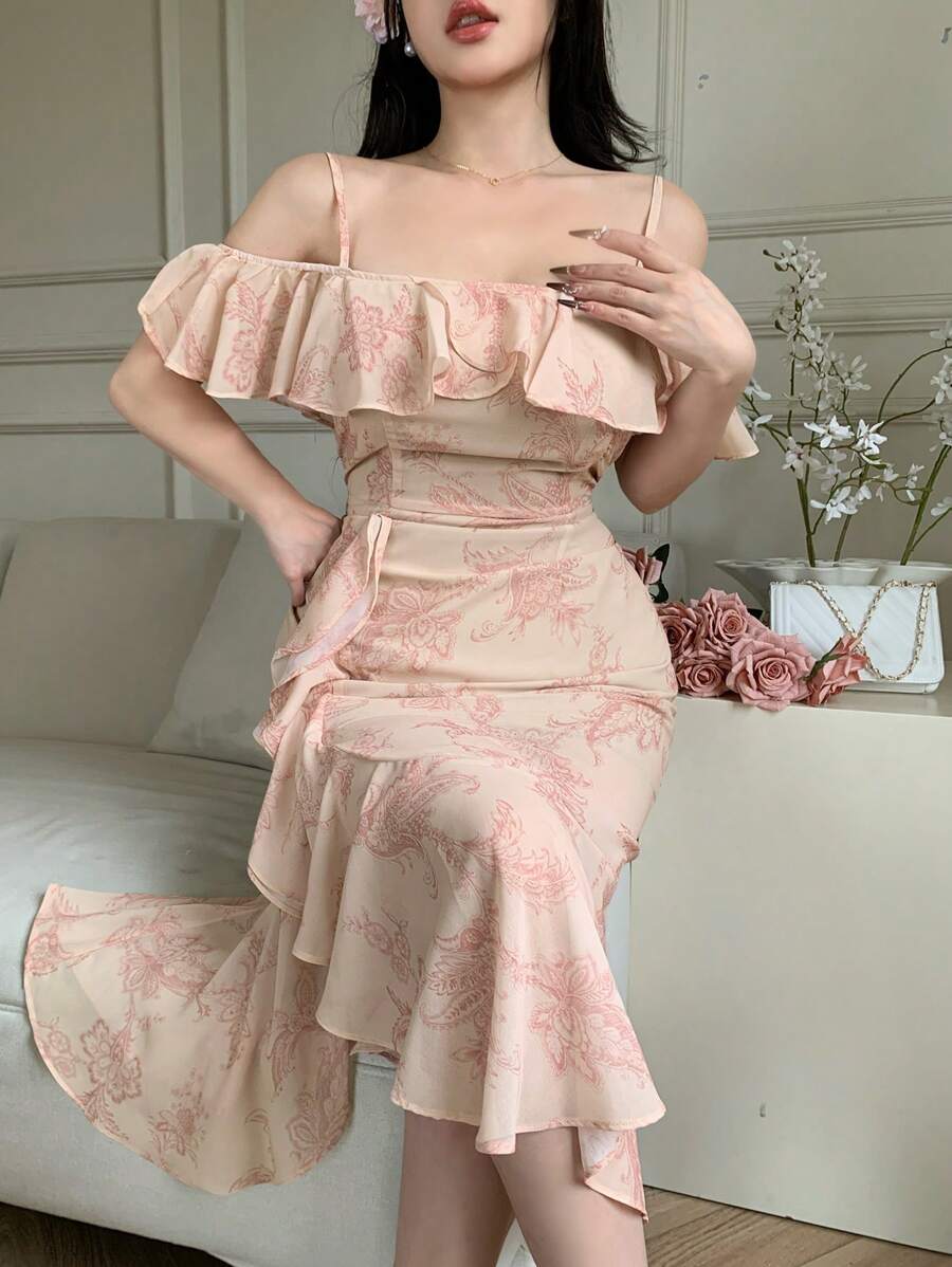 DAZY Plus Size Women's Asymmetric Ruffle Trim Slip Dress Floral,Milkmaid Dress - Pink - View 1