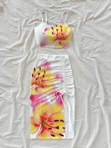 Soleia 2pcs/Set Women Vacation Casual Floral Print Camisole & Drawstring Waist Slit Skirt Suitable For Going Out