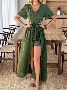 SHEIN Clasi Solid Color Lace-Up V-Neck Short-Sleeved Long Flowy Spring/Summer Jumpsuit For Women