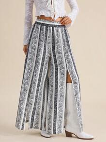 SHEIN LUNE Boho Western Wear Women Women's Striped High Waist Wide Leg Long Pants With Slits, Loose Fit, Spring/Summer - Multicolor - View 2