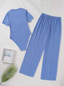 2pcs/Set Tween Girls Minimalist Solid Color Square Neck Short Sleeve Swimsuit Bottoms & Relaxed Pants Home Outfit - Blue - View 7