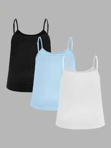 SHEIN EZwear 3 件/套大码女式褶皱宽松吊带背心可调节肩带吊带背心上衣，适合春夏季，颜色：黑色、白色、浅蓝色 - 彩色 - 查看 2