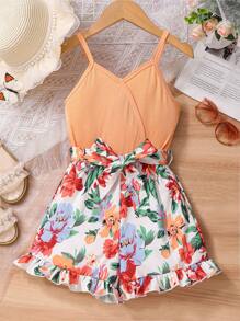 Tween Girls' Beach Vacation Floral Print Spaghetti Strap Rompers Summer Girl Clothes - Multicolor - View 1