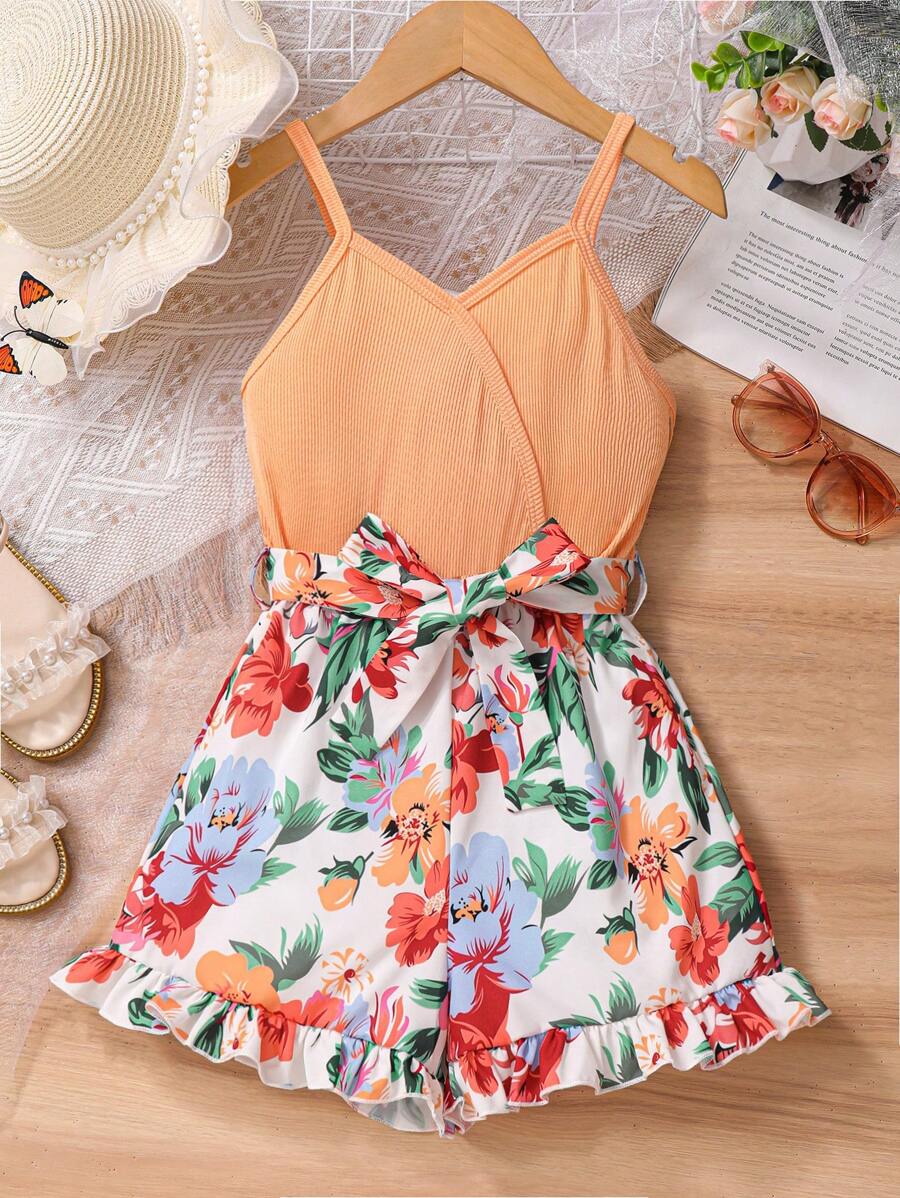 Tween Girls' Beach Vacation Floral Print Spaghetti Strap Rompers Summer Girl Clothes - Multicolor - View 1