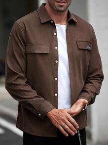Manfinity Homme 男士休闲纯色长袖衬衫男士工作衬衫男士棕色衬衫 - 咖啡棕 - 查看 3