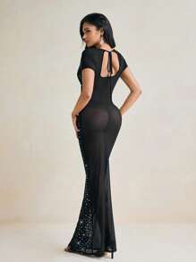 KATLO SKEYS Black Elegant Sparkling Rhinestone See Through Bodycon Deep V Neck Cut Out Back Sexy Maxi Dress For Party, Rave, Wedding, Prom Dress - Black - View 2