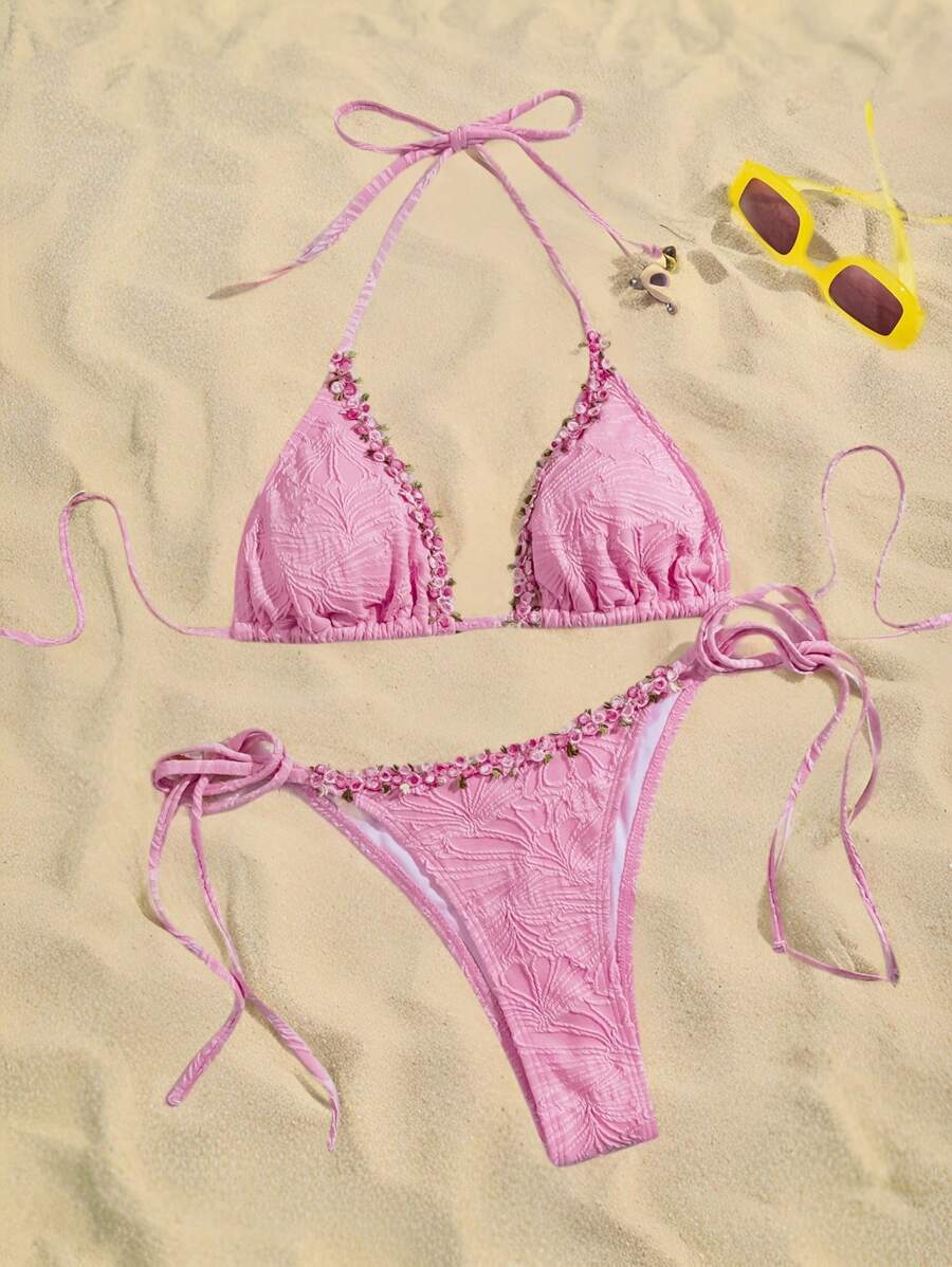 SHEIN Swim Women's Summer Beach 2 Pieces Bikini Swimwear Set With Textured Fabric And Ruffled Details - Pink - View 1