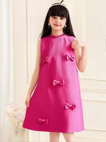 SHEIN Tween-Mädchen Lässig Elegant 3D Schleife Dekor Rüschen Saum ärmelloses figurbetontes A-Linien Strukturiertes Smock Kleid - Heißes Pink - Übersicht 6