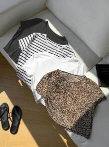 SHEIN EZwear Plus Size Letnie Elastyczne Bawełniane Okrągły Dekolt Dopasowane Podstawowe Koszulki