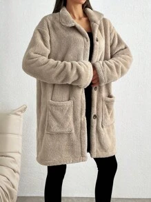 SHEIN Tall Främre ficka och knapp Detaljerad huva Mycket mysig och mjuk fuskpäls damkappa - Beige - Visa 4