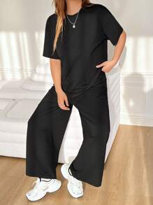 Solflare 2pcs/Set Plus Size Women's Apricot & Black Short Sleeve Top And Pants Two Pieces Set, Multi-Color, Spring Summer Clothes - Dark Grey - View 4