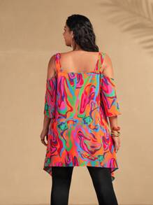 SHEIN Clasi 2pcs/Set Plus Size Women Summer Boho Holiday Outfit,Orange Floral Loose Cami Top,Asymmetrical Hem,Paired With Tight Knit Pants,Casual Vacation Design - Multicolor - View 2