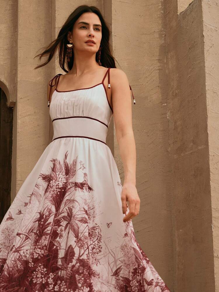 Early Spring Vacation Elegant High Waist Drawstring Strap Sleeveless Printed Dress