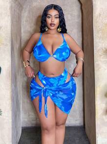 Slaydiva Plus Size Women 3 Pcs Set: Spaghetti Strap Top, Triangle Panty & Net Wrap Skirt, Printed Bikini Swimwear Set For Vacation For Summer - Multicolor - View 5