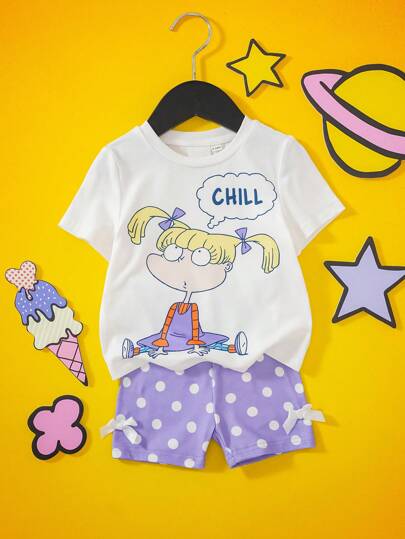Nick 90s | SHEIN Conjunto de 2 piezas para bebé niña en estilo casual y adorable, con camiseta blanca con gráfico de dibujos animados y shorts morados con lunares, apropiado para primavera/verano