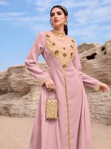 Al Najma Women's Sequin Embroidered Turkish & Arabic Maxi Dress, Modest Kaftan - Dusty Purple - View 3