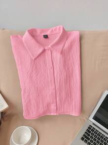 Comfortcana 玫瑰粉色编织女士单排扣休闲短款衬衫 - 粉色 - 查看 4