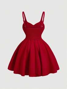 SHEIN MOD Vestido rojo de mujer de talla grande con decoración de busto fruncido, sin mangas y con volantes en el bajo - Rojo - Ver 2