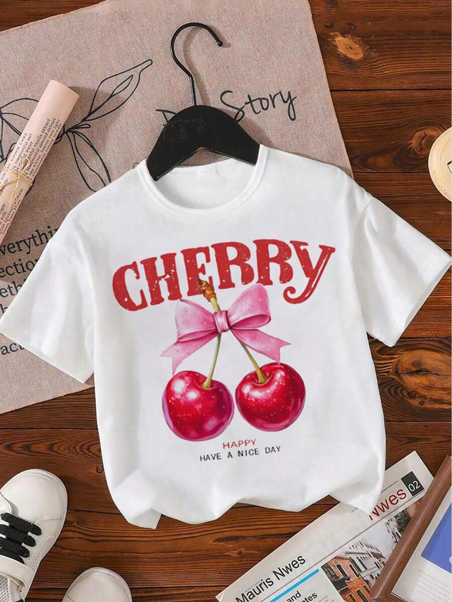 Sparklyn Tween Girl Y2K 风格樱桃水果紫红色蝴蝶结印花短袖 T 恤，夏季 - 白色 - 查看 1