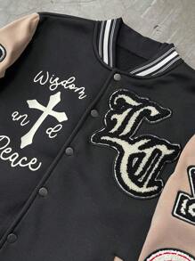 PAVTROS Manfinity Streetrush Men's Letter & Cross Print Long Sleeve Single Breasted Thermal Lined Baseball Jacket, For Fall Winter - Khaki - View 6