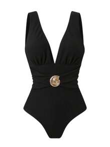 Swim Oasis 2pcs/Set Women 2025 New Black Special Material Swimsuit With Mesh Printed Beach Cover Up Skirt, Summer Casual Swimwear Sets