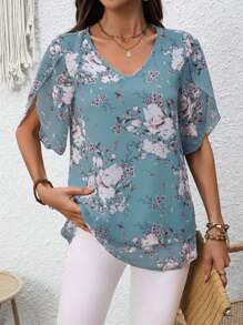 EMERY ROSE Floral Printed Butterfly Sleeve Double Layered Chiffon Shirt With Asymmetrical Hemline For New Year Clothes - Baby Blue - View 6