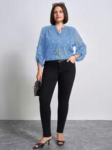 SHEIN Clasi 优雅商务通勤女式大码衬衫，镂空袖子设计，可上下卷起，海军蓝 - 淺藍色 - 查看 5