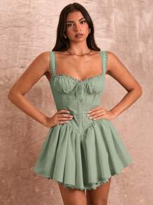SHEIN BAE Women Elegant Solid Ruched Camisole Lace Patchwork Mini Dress - Mint Green - View 5
