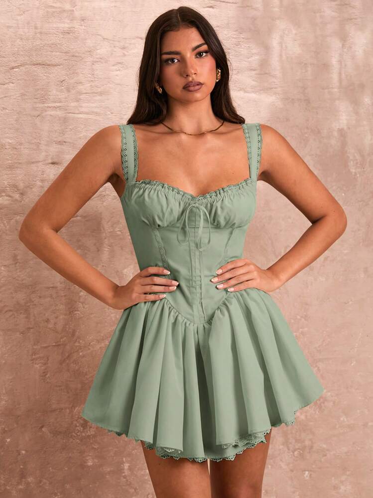 SHEIN BAE Women Elegant Solid Ruched Camisole Lace Patchwork Mini Dress - Mint Green - View 5
