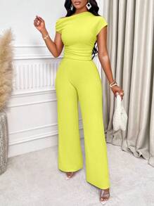 SOLERSUN 纯色不对称领口褶皱修身 T 恤和阔腿裤 - 黃色 - 查看 6