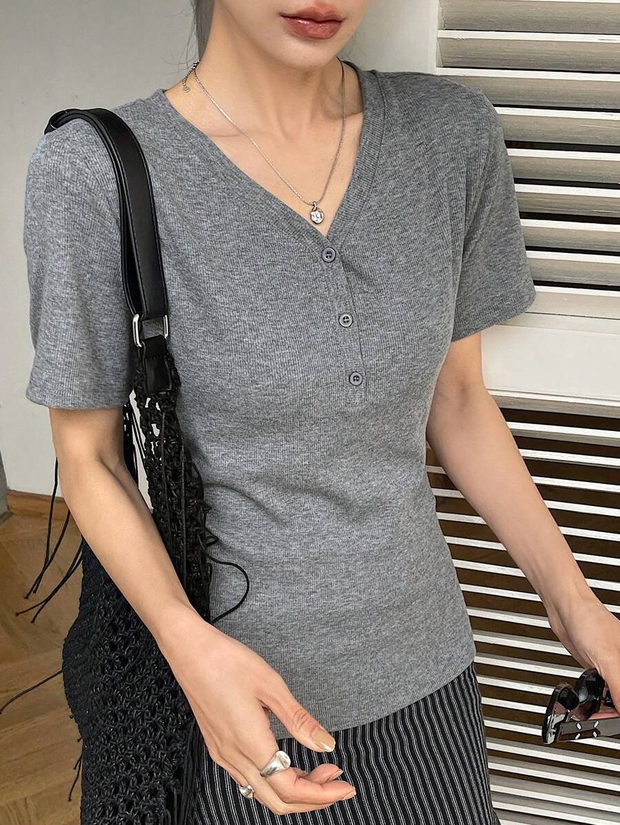 Dazy-Less Women's V-Neck Solid Color Simple Short Sleeve T-Shirt With Button Design Business Casual Woman Work Clothes - Grey - View 1