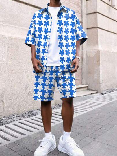 Manfinity EMRG Men's Floral Print Vacation Short Sleeve Shirt And Shorts Set, Casual