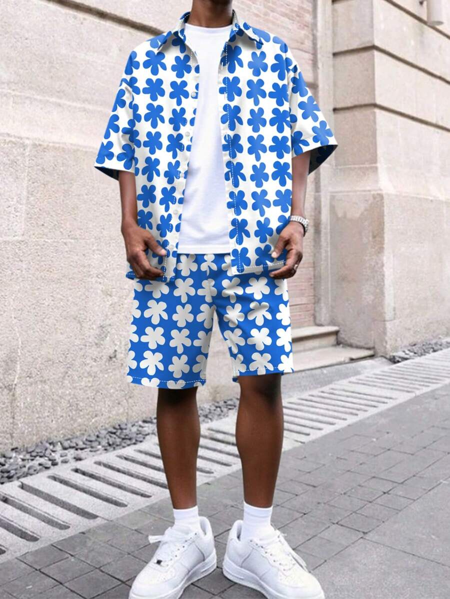 Manfinity EMRG Ensemble de chemise à manches courtes et shorts à imprimé floral pour vacances pour homme, décontracté - Multicolore - Voir 1