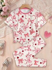 SHEIN 可爱蝴蝶结和英文印花少女休闲简约短袖 T 恤和裤子睡衣套装，贴身合身，适合春夏季