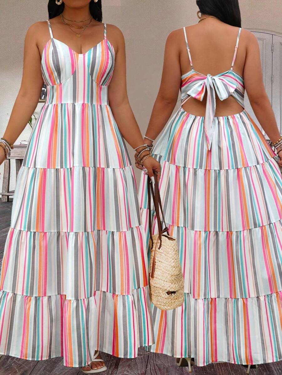 SHEIN LUNE 大码女式随机印花吊带连衣裙 长款女式服装 - 彩色 - 查看 1