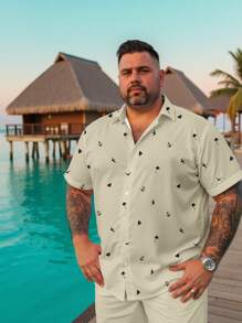 Manfinity RSRT Fashionable Casual Vacation Style Silhouette Print Button Down Collar Short Sleeve Slim Fit Shirt For Men, Plus Size, Suitable For Holidays, Outings, Dates, Also Makes A Great Gift For Boyfriends