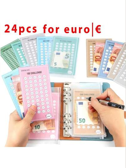 24 pièces de trackers de défi d'épargne de reliure de budget économique pour le planificateur de budget, portefeuille de rangement pour épargne d'argent A6 avec livre organisateur de trésorerie et carte 1 € | 2 € | 5 € | 10 € | 20 € | 50 € | 52 semaines | 100 jours
