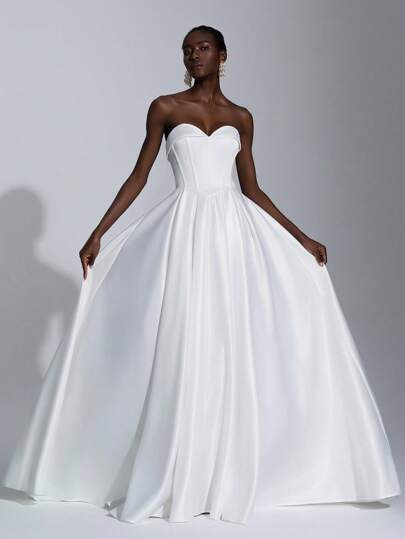 Elitara Vestido Plissado de Bustier de Cetim Elegante e Luxuoso com Bainha e Cauda Extra Grandes, Adequado para Casamento, Festa, Férias, Formatura, Vestido de Noiva, Noiva