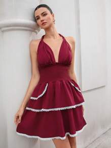 BELROSIE Italian Elegant Birthday Party Dress,White And Burgundy Summer Mini Dress Women,Halter Neckline Waist Cinched Layered Ruffle Hem Lace Trim - Burgundy - View 6
