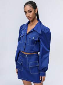 Aveloria Affinna Young Fashionable Mixed Metal Button Decor Contrast Stitch Design Loose Lapel Button Front Jacket Paired With Cargo Style A-Line Skirt, 2 Pieces Outfit, Women Spring Fall Cloth For Women - Blue - View 2