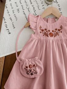 LMoss Kids LMoss Baby Girl Woven Embroidered Round Neck Ruffle Hem Dress With Diagonal Shoulder Bag,Sisters Outfit,Suitable For Spring And Summer