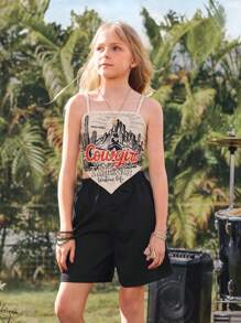 2025 Spring/Summer New Collection Casual & Comfortable Asymmetrical Hem Western Printed Camisole Top Paired With Black A-Line Pants, Tween Girl 2 Pieces Set, Suitable For Daily Wear, Outings, And Family Gatherings