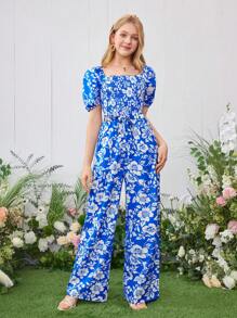 Teen Girls Printed Square Neck Puff Sleeve Jumpsuit - Blue - View 1