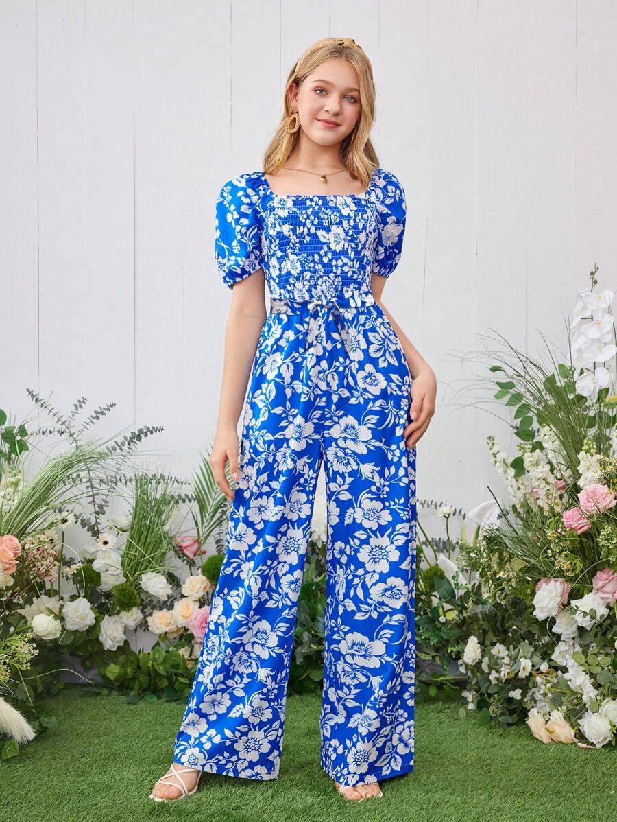 Teen Girls Printed Square Neck Puff Sleeve Jumpsuit - Blue - View 1