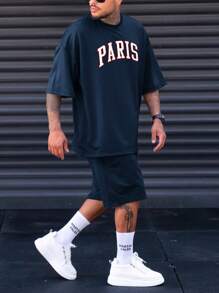 Manfinity Homme 2pcs/Set Plus Size Men Short Sleeve Letter Print T-Shirt And Shorts Set