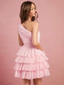 Enchnt 不对称褶饰分层网眼连衣裙 - 淺粉色 - 查看 2