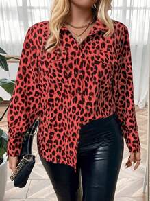 SHEIN LUNE Women Plus Size Leopard Print Long Sleeve Single Breasted Cargo Pocket Casual Shirt - Red - View 6