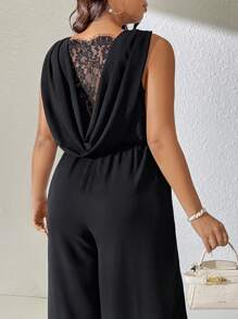 Elenzga Plus Size Women's Solid Color Splicing Lace Casual Wide Leg Jumpsuit