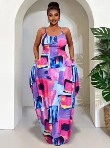 Slaydiva Plus Size Women Geometric Printed Sleeveless Casual Beach Dress With Pockets, Versatile For Spring & Summer - Multicolor - View 11